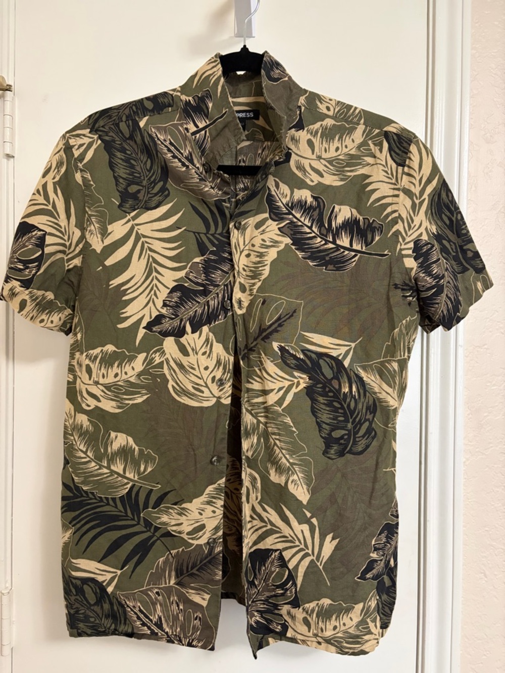 Express Men's Tropical Leaf Print Shirt Olive Green Palm Short Sleeve Small